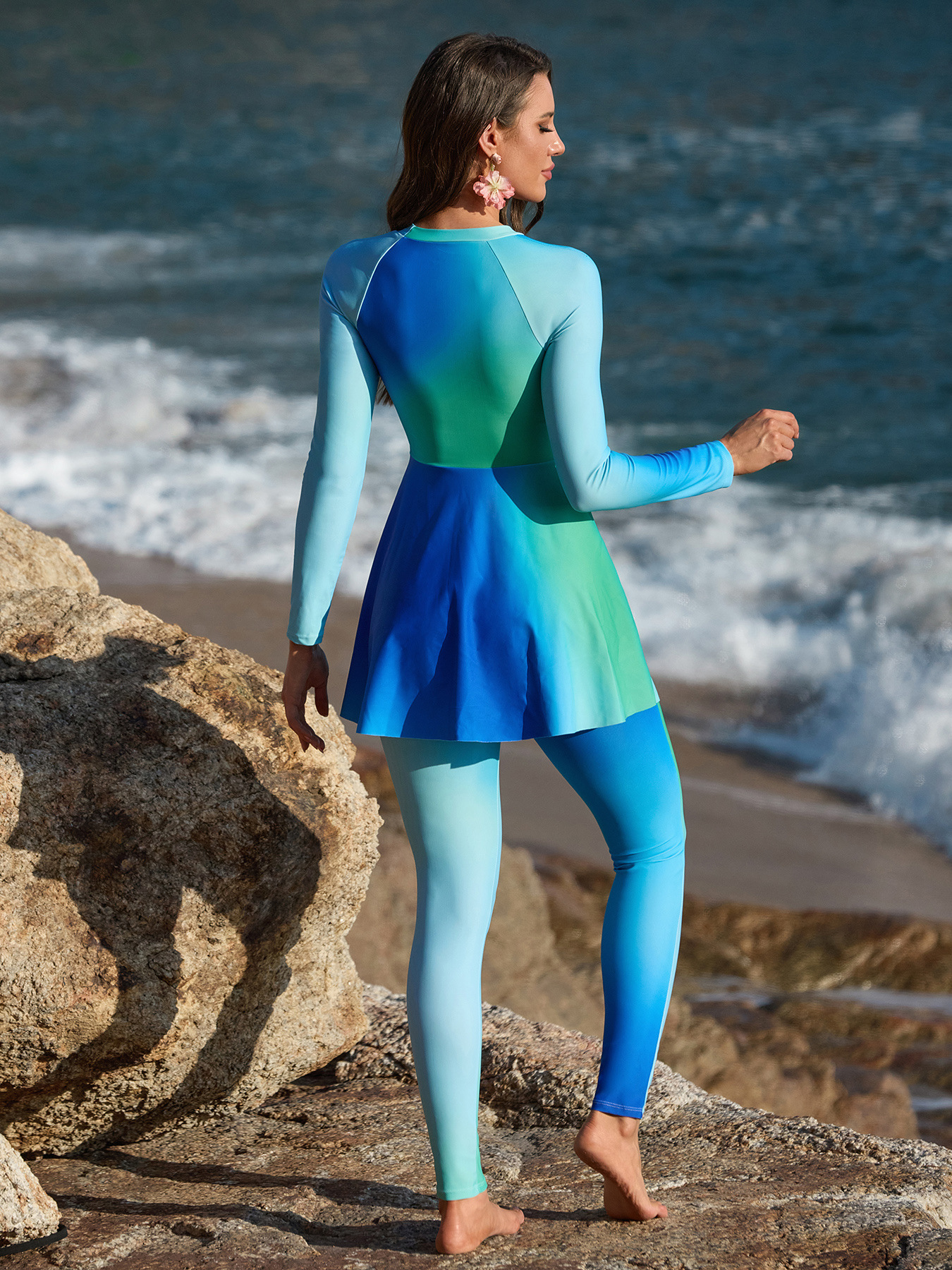 Womens Long Sleeve Color Block Athletic Swimwear Set With Leggings